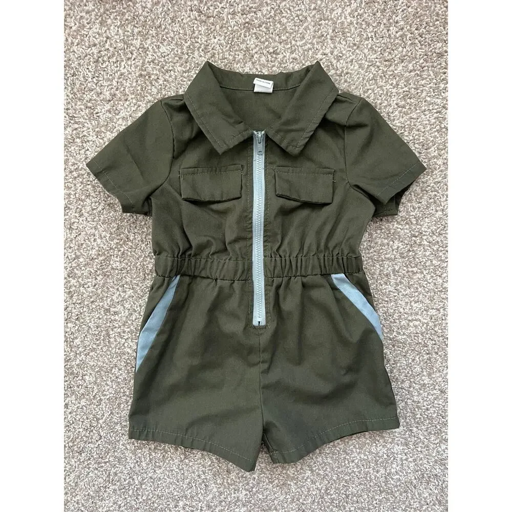 SHEIN Baby Utility Romper Olive Green‎ Zip Front Cargo One Piece 12-18M